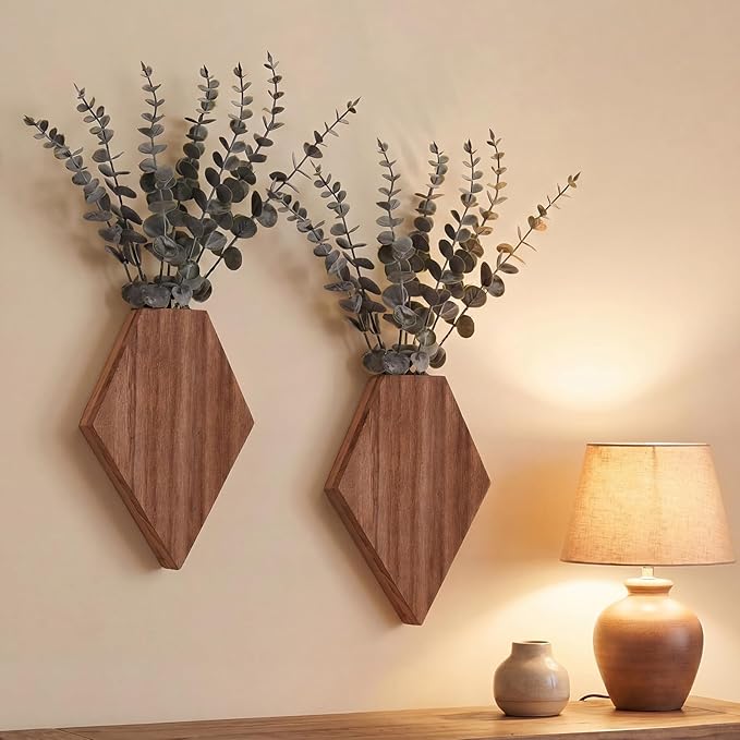 Chunful 2 Pcs Wooden Wall Planter Decor Hanging Fake Plants Greenery Flowers Holder Vase Boxes for Wall Bohemian Farmhouse Room Kitchen Office Indoor Decoration(Walnut Color,7.1 x 4.7 x 1.2 Inches)