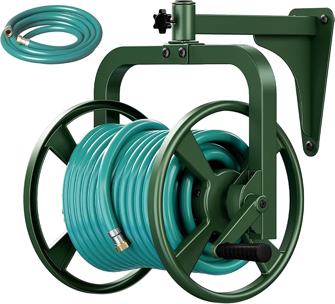 Artigarden Rotating 360° Garden Hose Reel, Wall Mounted Hose Reel Holder Holds 165ft of 5/8'' Hose, Outdoor Heavy Duty Metal Water Hose Organizer Storage Rack with 3.9ft Leader Hose for Outside, Green