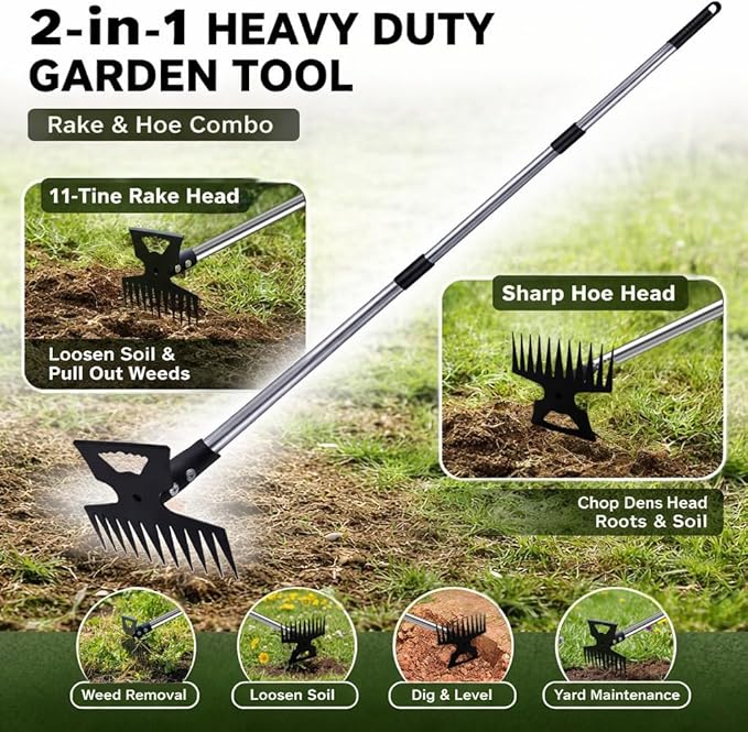 Weed Puller Tool with 61" Long Handle, 2-in-1 Garden Hoe & Weed Rake, Heavy Duty Manual Weeder for Yard, Lawn, Patio and Garden