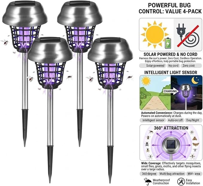 4 Pack Solar Bug Zapper Outdoor Waterproof Solar Powered Mosquito Zapper Repellent Outdoor Patio,Cordless & Auto On/Off Trap Light for Small Fly Insect Zappers for Garden Backyard Gnat for Outside