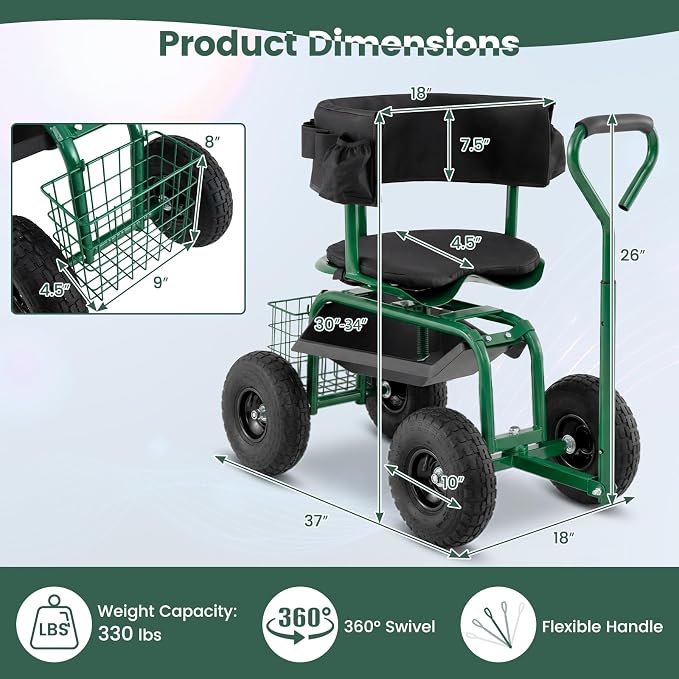 IRONMAX Garden Cart with Seat, Gardening Rolling Stool Scooter with All-Terrain Wheels, Adjustable Steering Handle & Removable Cushion for Planting, Outdoor Gardening Work Seat for Patio, Yard (Green)