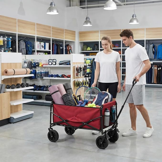 OLIXIS Collapsible Wagon 102L Standard Heavy Duty Utility Folding Wagon Cart with Lockable Brake Wheels – 330 lbs Weight Capacity, Flexible Handle for Beach, Grocery, Camping, Sports & Garden, Red