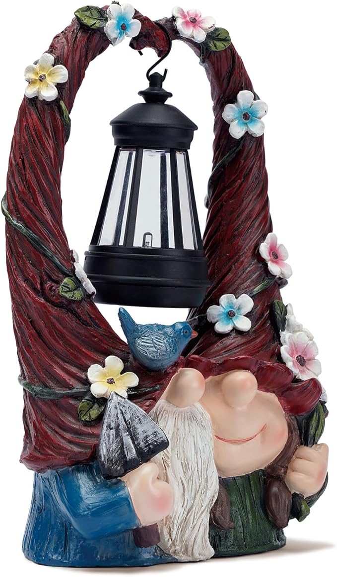 Joint Honglin Solar Garden Gnome Statue with Hanging Lantern - Dual Gnome Couple Figurine with Flower Arch, Waterproof Resin Yard Art Decor for Patio, Lawn, Porch, Whimsical Gardening