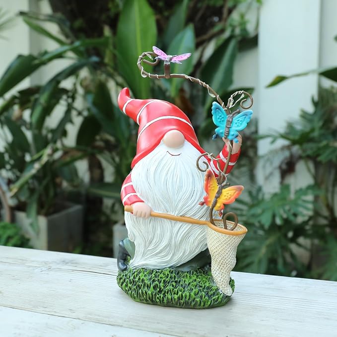 Garden Gnome Statue, Solar Funny Gnomes Figurine Catching Butterflies with LED Lights Waterproof Resin Outdoor Decor for Patio Lawn Yard Home Tabletop Decoration
