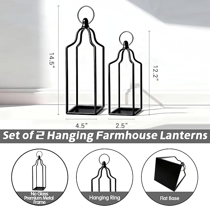 Rustic Farmhouse Decor Metal Lantern Set of 2 Decorative Lanterns for Home Indoor Outdoor Living Room, Fireplace, Patio, Wedding & Kitchen Table Centerpieces (Black, 16.9" 14.5")