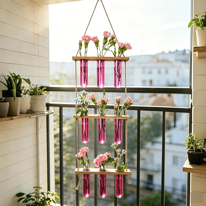 XXXFLOWER Wall Hanging Propagation Station with Wooden Stand 9 Test Tubes Vases Tiers Planters Wall Terrarium for Home Office Plant Hanger Flower Vases Wall Decor Hydroponic Cuttings(Pink)