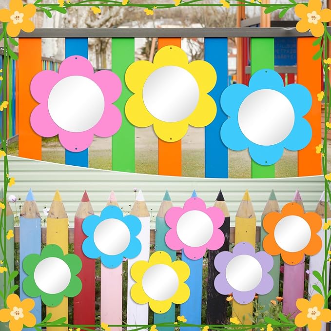 Xuhal 6 Pcs Flower Mirror Set Handmade Learning Tool Outdoor Sign for Sensory Gardens Sensory Rooms Garden Wall Decorations Spring Activitie