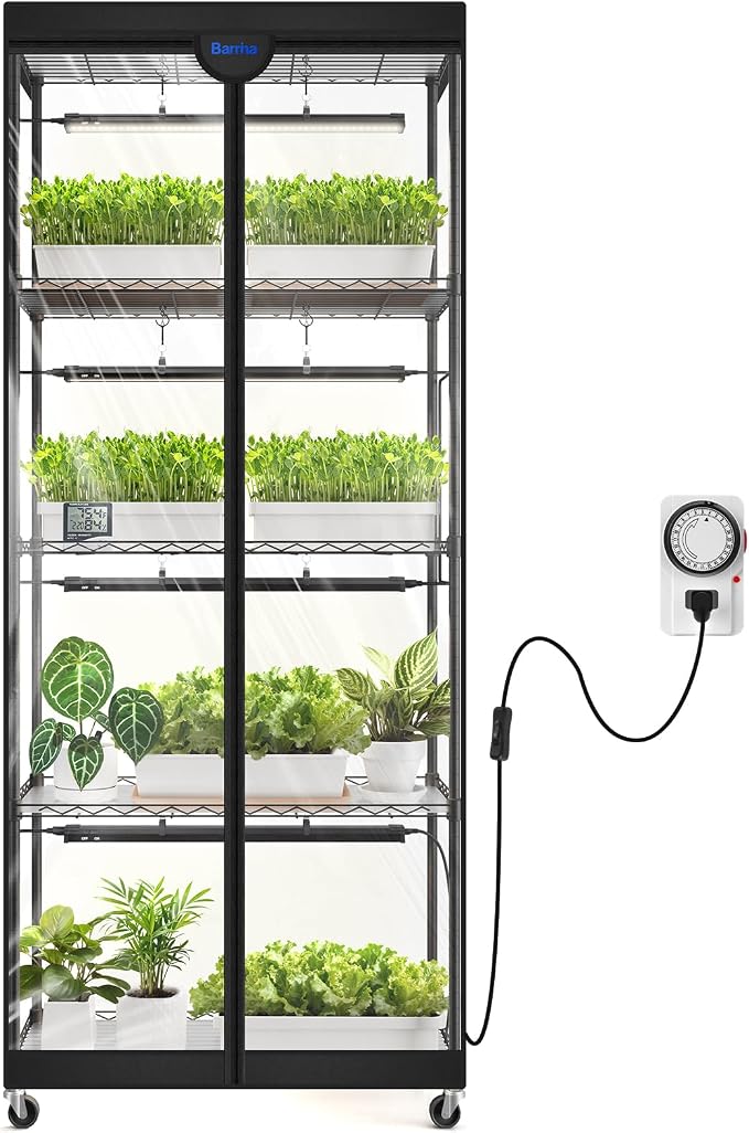 Barrina LP750 Indoor Greenhouse with Grow Light, 5-Tier Plant Stand with Light 140W TX-S35 2FT, 5000K Full Spectrum Plant Shelf with Tent, Timer & Thermometer for Seed Tray Growth 29.5 x 13.8 x 70.9IN