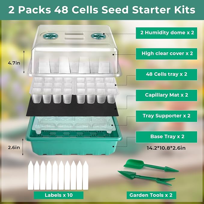Hanaoyo Self-Watering Seed Starter Tray 2 Packs, 96 Cells Seed Starter Kit with Humidity Vented Domes and High Lid, Germination Kit for Indoor Greenhouse Seed Starter