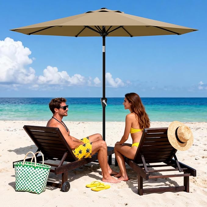GarveeLife 9FT Umbrella Outdoor Patio, Table Umbrella with Push Button Tilt and Crank, 8 Sturdy Ribs Waterproof UV Protection for Garden, Pool, Backyard, Deck, Market