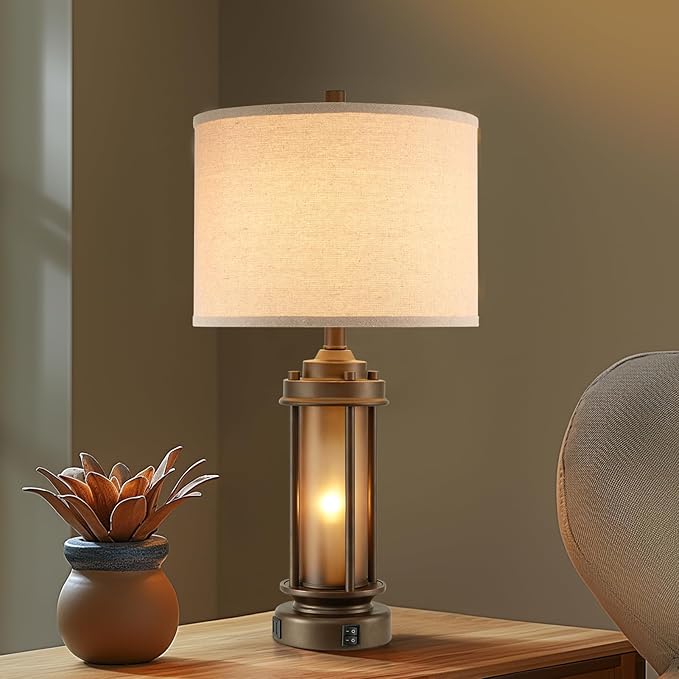 AIEAMPDO Set of 2 Farmhouse Table Lamps with 2 USB C+A Ports | Rustic Vintage Design, Amber Glass Nightlight, 4 Bulbs Included, for Living Room Bedroom Nightstand
