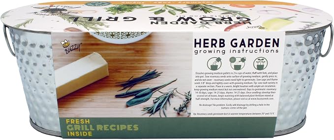 Buzzy Seeds Grow & Grill Organic Herb Kit - Metal Windowsill Planter - Complete Indoor/Outdoor Gardening Kit with Seeds, Coconut Husk Growing Medium & Genuine Pots - 100% Grow Guarantee