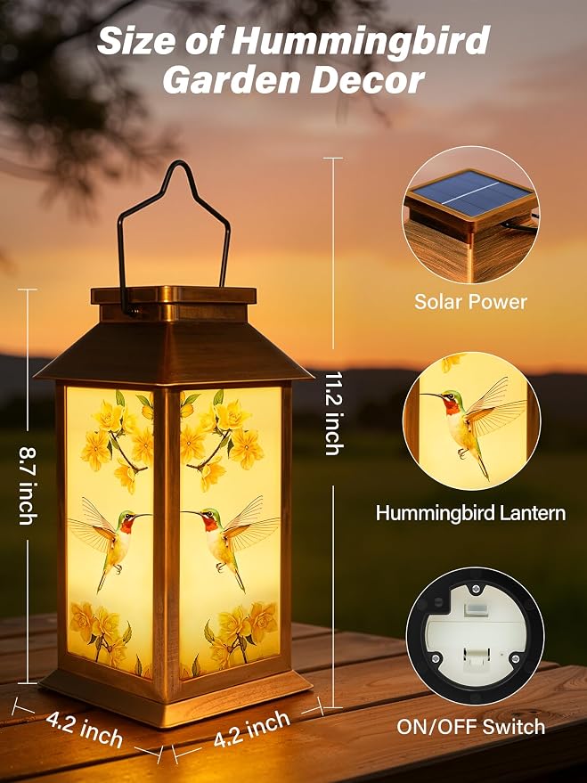 Guhope Birthday Gifts for Women Mom Grandma Men, Solar Lanterns Outdoor Waterproof, Hummingbird Hanging Garden Decor Outdoor Solar Lights for Garden Lawn Yard Patio Porch