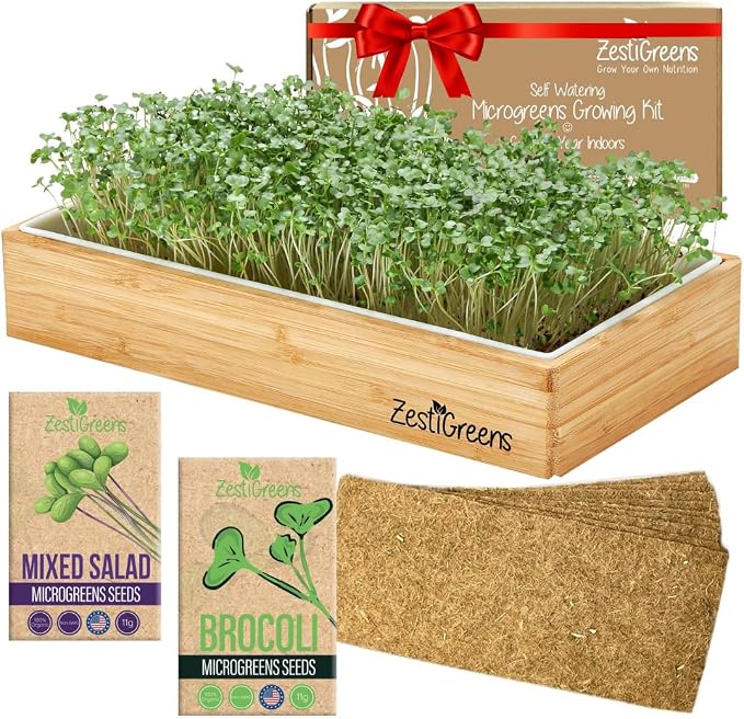 Organic Self-Watering Microgreens Growing Kit – Reusable Indoor Grow Tray with Organic Seeds, Grow Mats & Bamboo Frame – Easy No-Soil Microgreens Starter Kit (Broccoli & Salad Mix)