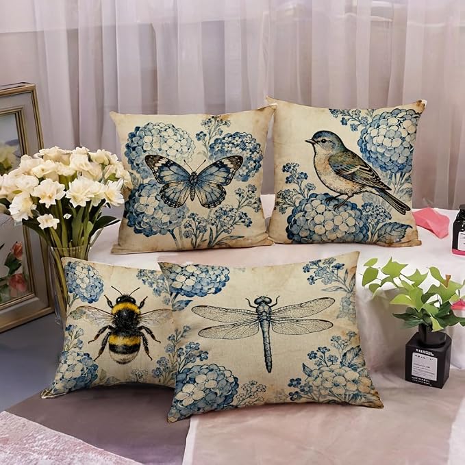 Vintage Floral Animals Pillow Covers 18x18 Inch 4 Pack, Butterfly Bird Bee Dragonfly Rustic Cottagecore Cushion Cases, Farmhouse Retro Flower Home Decor Pillow Cases for Sofa Bedroom Decor (Navy Blue)