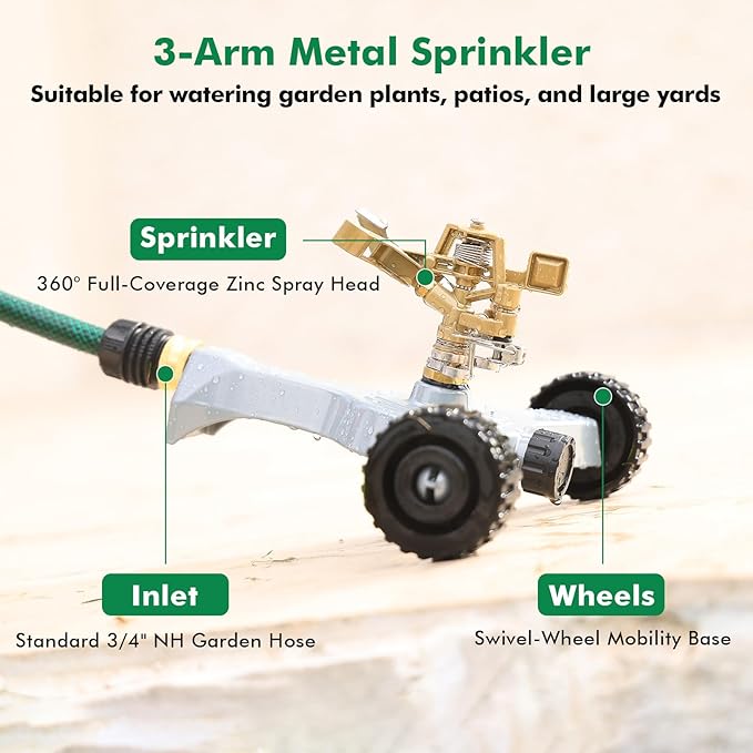 RESTMO Heavy Duty Full Metal Pulsating Sprinkler with Wheeled Base, 360° Rotating Impact Sprinkler for Large Area Lawn & Yard Irrigation, Adjustable Zinc Alloy Head for Flexible Coverage