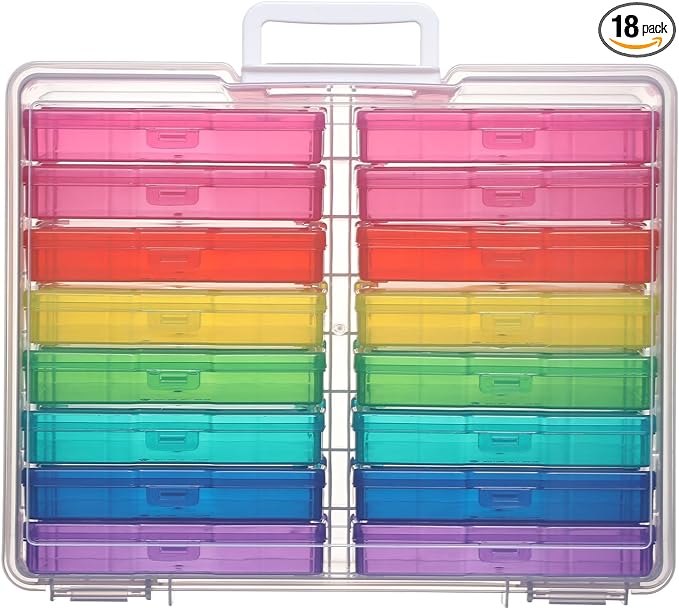 PCA Photo Storage Box 4" x 6" Cases With Handle - 16 Inner Keeper, Large Organizer, Plastic Craft Case for Stickers, Stamps, Jigsaw, Vegetable Seeds
