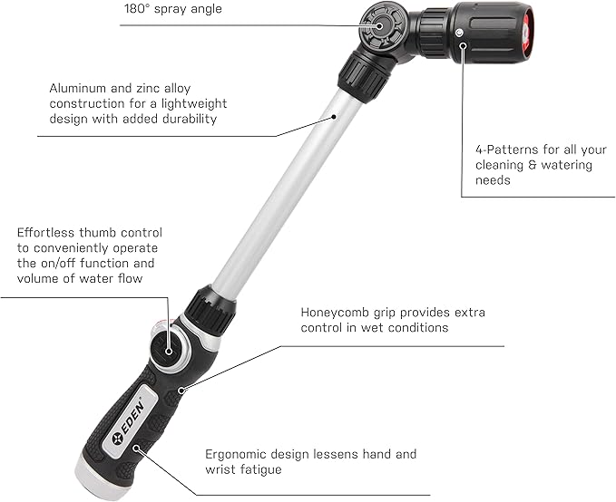 Eden 94621 PRO Metal 18 in. Turbo Watering Wand | 4 Spray Patterns, Thumb-Control Garden Hose Sprayer with Adjustable Head & Quick Connect Set for Lawn, Garden & Outdoor Cleaning