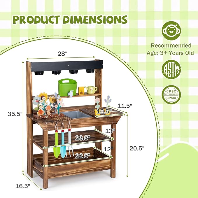 HONEY JOY Mud Kitchen, Fir Wood Kids Potting Bench Table, Removable Sink, 4 Planting Cups, Accessories, Outdoor Play Kitchen for Toddlers, Garden Time Mud Kitchen for Kids Outdoor Backyard