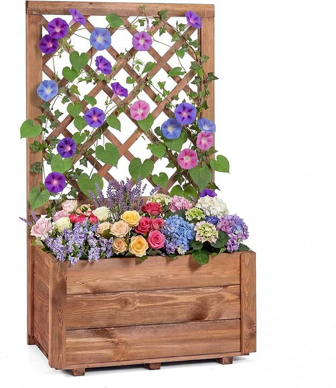 Giantex Raised Garden Bed Set 2 w/Trellis, Drainage Hole, 23”x14”x40” Wood Elevated Planter Box for Climbing Vine Flower Herb Vegetable Fruit, Planting Container for Indoor Outdoor Patio Balcony