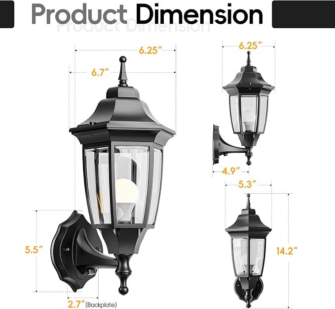 EMART Dusk to Dawn Outdoor Porch Light, Exterior Anti-Corrosion, Waterproof Aluminum & Glass Shades Wall Lamp Fixture, Modern Sconce Lantern for Yard, House, Garage - 1 Pack, Black （Bulb Included）