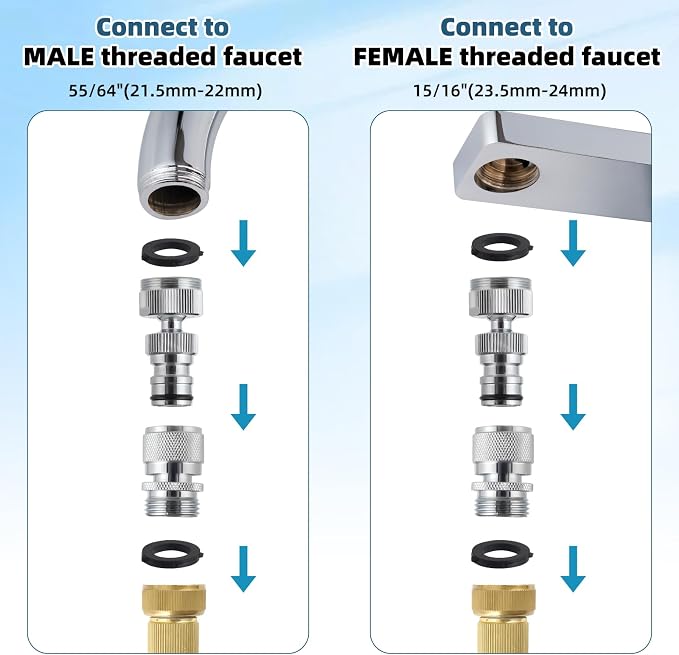 Hibbent Faucet Adapter Kit, Swivel Adapter to Connect Garden Hose - Multi-Thread Solid Brass Quick Connector Garden Hose Fitting 3/4 Inch - Chrome