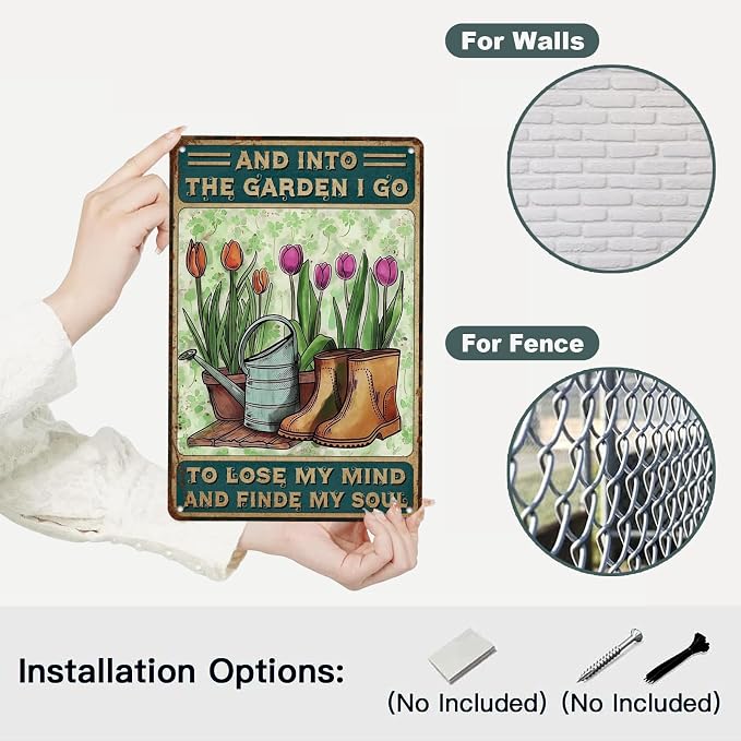 Gardening Metal Tin Sign - Retro Garden Quote Wall Art Decor - 'Into The Garden I Go To Lose My Mind' - Indoor/Outdoor - 12 * 8in