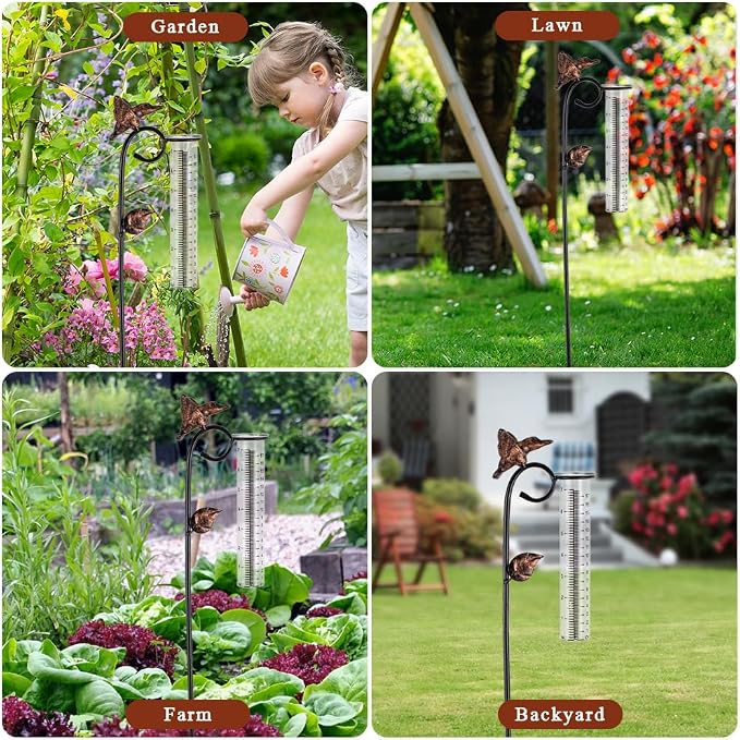 Hummingbird Rain Gauge Outdoor, Metal Rain Gauge with 7-Inch Glass Tube, Decorative Rain Water Gauge for Garden, Yard, Lawn