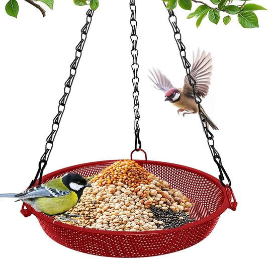 Hanging Bird Feeder for Outdoors – 9 in Metal Mesh Bird Feeder Tray Platform for Finches, Chickadees & Small Birds, Red
