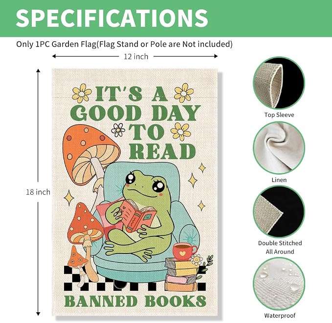 Perfectinsoy It's A Good Day To Read Banned Books Garden Flag, Funny Frog Banner, Community Welcome Yard Home Holiday Farmhouse Porch Patio Lawn Outdoors Decor, Outdoor Decor for Reader