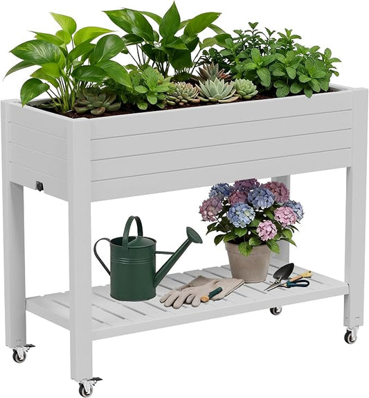 33.7" Tall Raised Garden Bed with Wheels, Divisible Resin Planter Box with Drainage Gauge & Storage Shelf, Herb Planter for Garden Patio Backyard, Cool White (33.7" h)