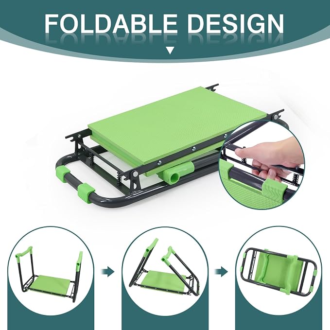 Foldable Garden Kneeler and Seat – 2-in-1 Gardening Stool with a Tool Storage Pouch, Lightweight and Portable for Elderly, Outdoor, Lawn Care (Green)