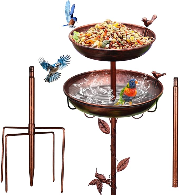 Bird Bath for Outside, 2-in-1 Birdfeeder and Bath, 42 Inch Tall Stand with Hummingbird, Large 12Inch & Small 7.9Inch BirdBaths Bowl, 3 Bird Decor for Garden, Antique Bronze