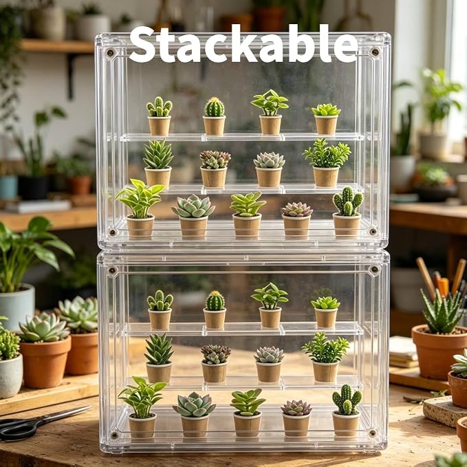 Mini Greenhouse Indoor, Clear Small Green House with Magnetic Door, Stackable Succulent Seed Starting Kit Children Nature Observation Station