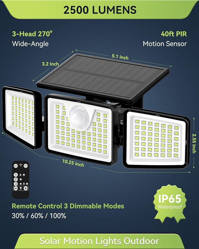 daphino 2500LM Solar Lights Outdoor with Motion Sensor,3 Head 270° Wide Angle Street Area Lights,IP65 Waterproof Security Lighting with 3 Modes(Remote,2 Pcs)