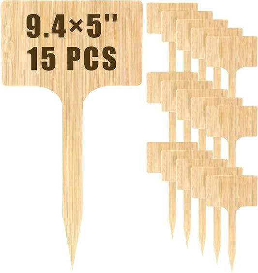 Hicarer 15 Pcs 9.4" x 5" Extra Large Bamboo Garden Labels, Natural Bamboo T-Type Large Plant Markers for Herbs, Flowers & Vegetables – Easy to Read Full-Size Tags for Garden Outdoor