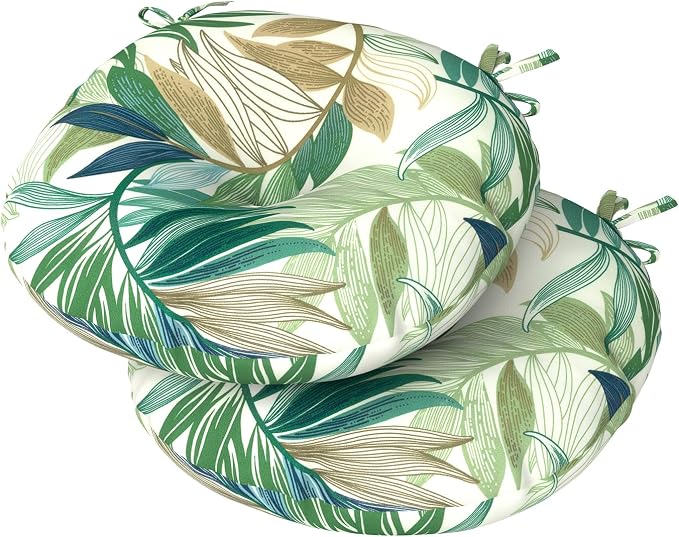 DYTXIII Set of 2 Outdoor Round Chair Cushions 15"x15"x4" with Ties, Water Repellent Tufted Bistro Seat Cushions, Thick Patio Chair Pads for Bar Stool, Garden & Dining Furniture - Lush Leaf Green