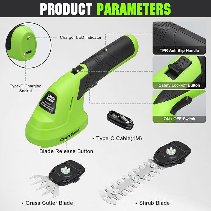 Cordless Grass Shear & Hedge Trimmer - Green | 2-in-1 Electric Shrub Trimmer and Grass Cutter | 8V Handheld Lawn Trimmer with USB Type-C Cable & Rechargeable Lithium-Ion Battery