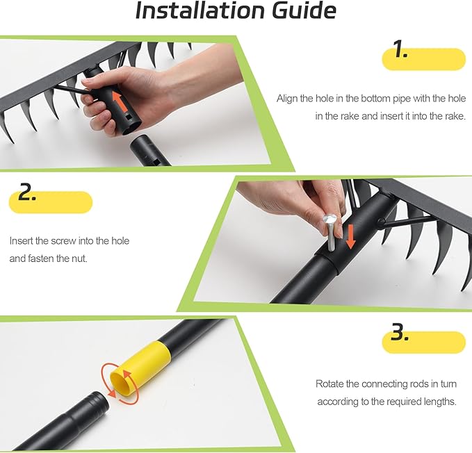 Bow Rake, 78" Heavy Duty Garden Tools Lawn Leveling Rake with Long Handle, 12 Tines Garden Tools Metal Head for Loosening Soil, Cleaning the Leaves and Weeding Control, Leaf, Thatch, Landscape Tools