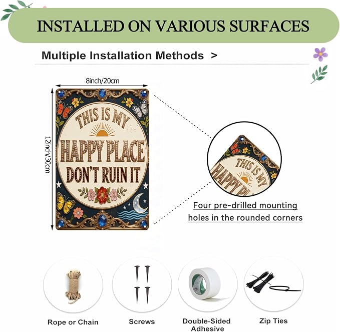 Funny Garden Signs, This is My Happy Place 2D Flat Vintage Garden Decor, Outdoor Wall Decor for Patio Yard Greenhouse Home, Waterproof Garden Gifts 8x12 Inch