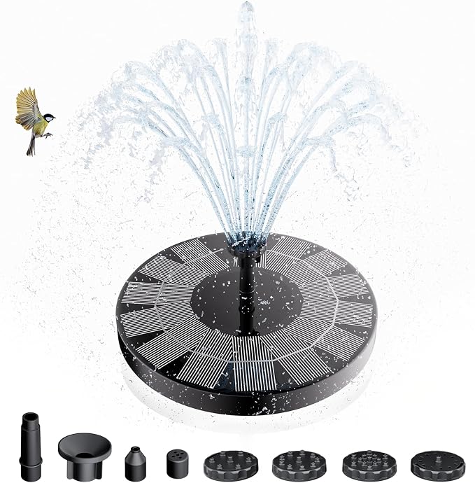 AMZtime 2.5W Solar Bird Bath Fountains, Solar Water Fountain Pump with 6 Nozzles & 4 Tube Supports, 6.7 Inch Fountain Pump for Garden, Pond, Pool, Fish Tank Aquarium Outdoor Use
