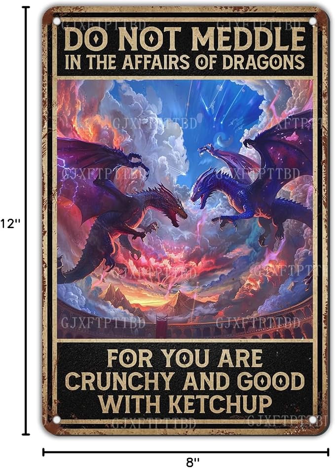 Funny Dragon Tin Sign - Do Not Meddle in The Affairs of Dragons Metal Sign, Humorous Wall Decor for Man Cave, Bar, Room, 12x8 Inch
