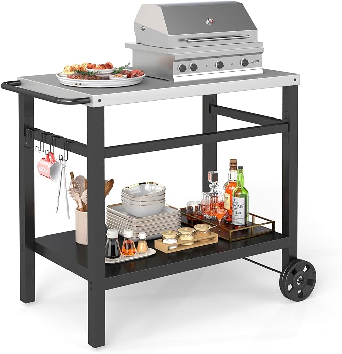 DDK Outdoor BBQ Prep Cart | 2-Tier Grill Table with Stainless Steel Top | Rolling Utility Cart for Patio, Pizza Oven, Grilling & Meal Prep