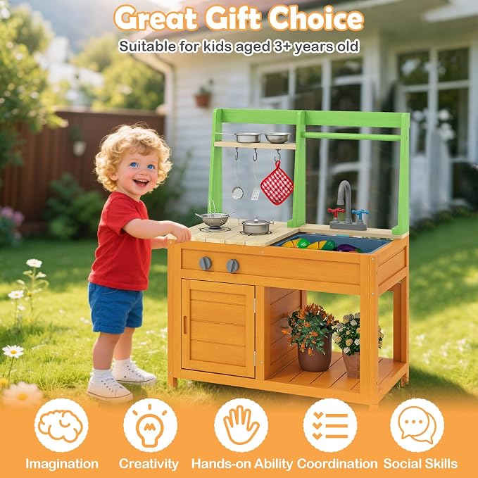 HONEY JOY Mud Kitchen, Fir Wood Outdoor Play Kitchen for Toddlers, Stove, Faucet, Sink, Cookware Accessories, Storage Cabinet, Mud Table Playset for Kids Backyard, Gift for Boys Girls, Natural