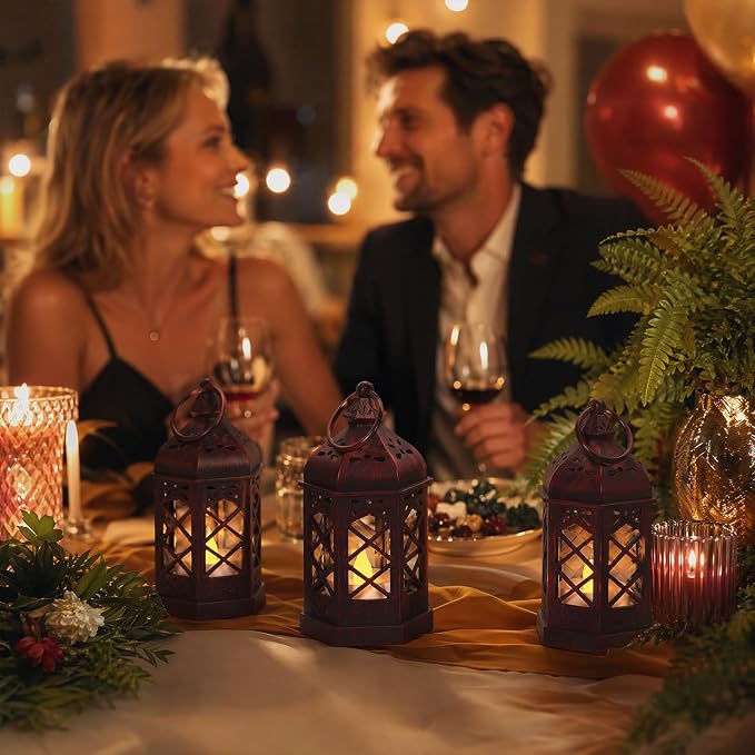 12Pcs Mini Moroccan Lanterns (Brushed Red) with LED Candle - Hanging Vintage Small Lanterns for Ramadan, Wedding, Easter, Christmas, Churches - Table Centerpieces & Medieval/Themed Decor