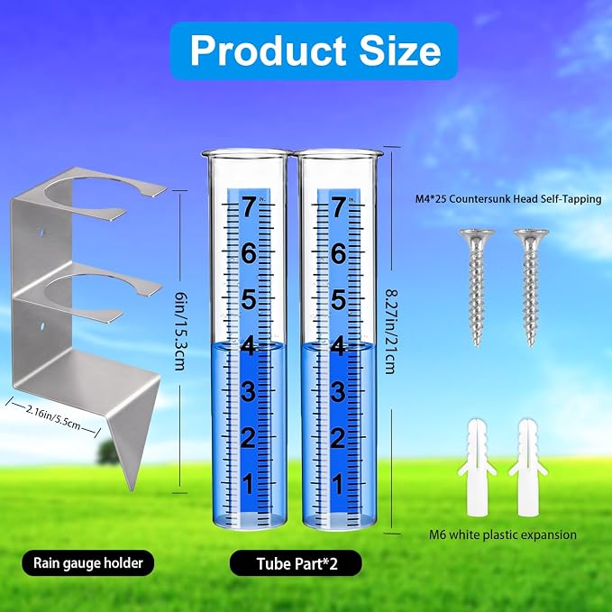 Rain Gauge,Rain Gauges Outdoors Best Rated with Stainless Steel Mounting Rack Holder,Freeze Proof Plastic Replacement Tube,Large Numbers,Rain Measure Gauge for Yard Garden Fence Lawn Patio Farm (7")