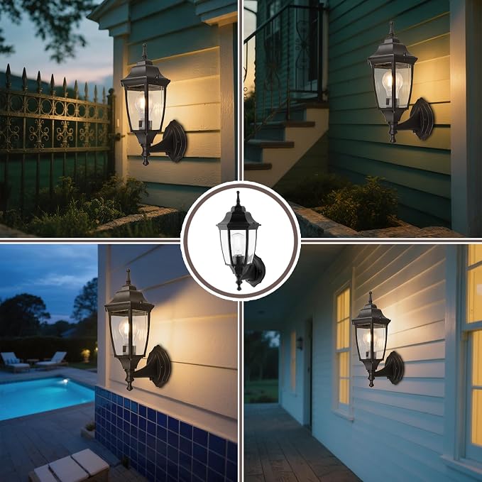 Die-Cast Aluminum & Glass Dusk to Dawn Photocell-Controlled Outdoor Wall Light, IP65 Waterproof Outdoor Light Fixture, E26 Base (60W Max) Porch Light, ETL, UL, CSA Qualified, Black