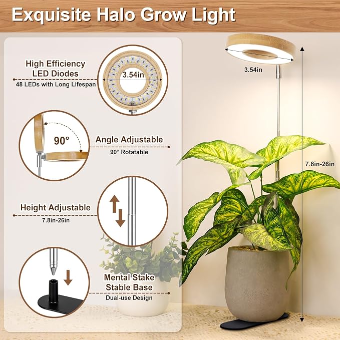 LORDEM Bamboo Base Desktop Grow Light, LED Plant Lamp with Full Spectrum, 4 Adjustable Brightness Levels, 4H/8H/12H Auto Timer for Indoor Plants Growing, Height Adjustable 7.8"-26", 2 Pack