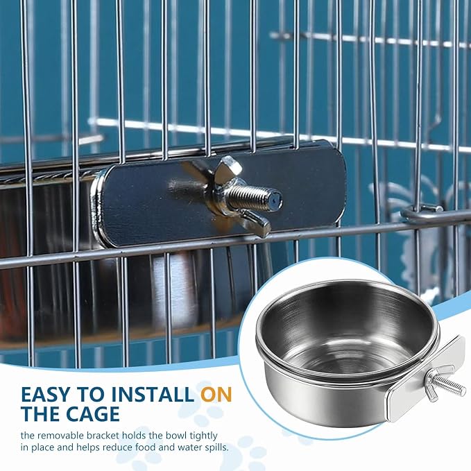 Stainless Steel Bird Feeding Bowls, 2Pcs Small Bird Feeding Cup with Holder, Parrot Food Bowl Cage Water Feeder, Pet Cage Cup Holder for Parrots, Canaries, Hamsters (Dia 7.09", 6.3")