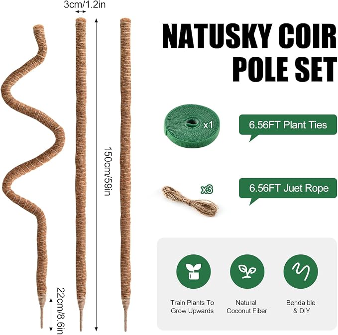 3 Pack Moss Pole 63 Inch Monstera Plant Support Moss Poles Bendable for Climbing Plants Longer Coco Coir Sticks Support Stakes Tall for Indoor Creeper DIY Shape Plants Grow Upwards